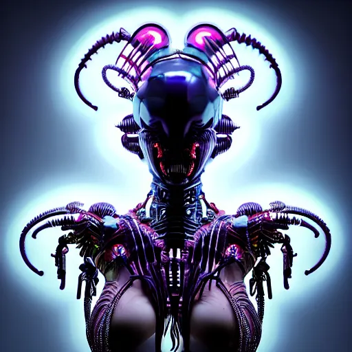 Prompt: half body portrait of an absurdly beautiful, graceful, sophisticated, asian cyberpunk mechanoid fashion idol, hyperdetailed photo by irakli nadar, maria borges, matt wisniewski style, intricate linework, neon jellyfish headdress, carved bone ruff, xenomorphic body suit, unreal engine 5 highly rendered, global illumination, radiant light, detailed and intricate environment