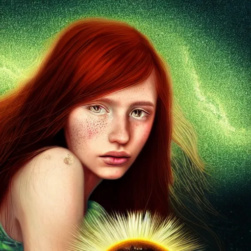 Prompt: highly detailed portrait of a red haired girl with long hair, green eyes, round face, freckles, softly smiling among fireflies, intricate details, accent lighting, dramatic light, golden ratio, hyper realistic digital art
