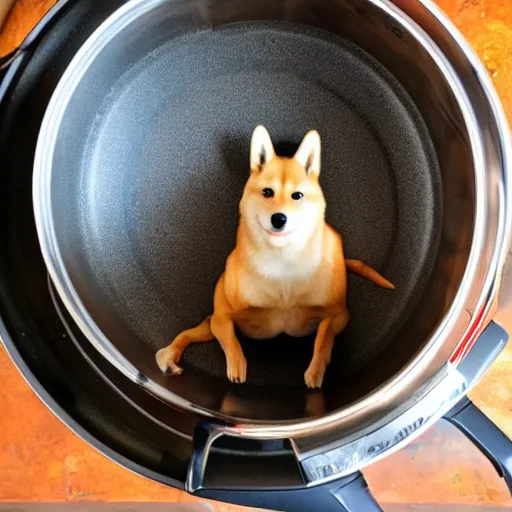 Image similar to doge trapped in tomato sauce pot