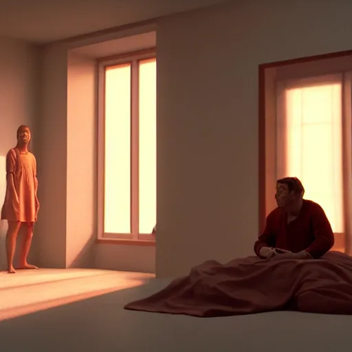 Image similar to colour comedy - sitcom scene from duna ( 2 0 2 1 ) by denis villeneuve and gregory crewdson style highly detailed faces many details by andrei tarkovsky and caravaggio in sci - fi style volumetric natural light rendered in blender and octane render