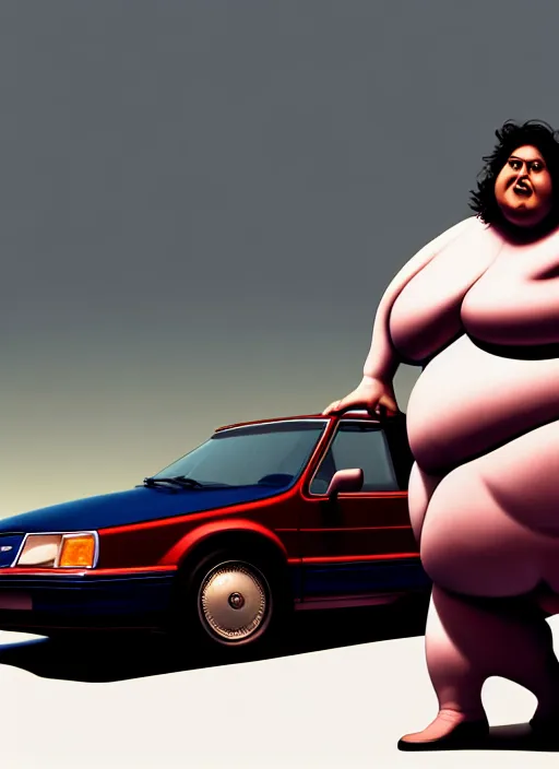Prompt: fat woman posing near a ford tauruslx 1 9 8 6, intertwined, gothic, rich deep colrs, drawn by ultrafine hyperdetailed illustration by kim jung gi, masterpiece. rendered in blender, smooth shadows, ultra detail, high resolution, cinematic unreal 6, 8 k