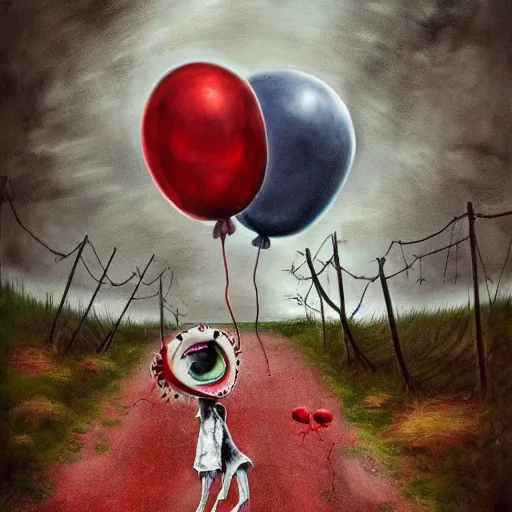 Image similar to grunge cartoon painting of the end of the road with a wide smile and a red balloon by chris leib, loony toons style, pennywise style, corpse bride style, horror theme, detailed, elegant, intricate