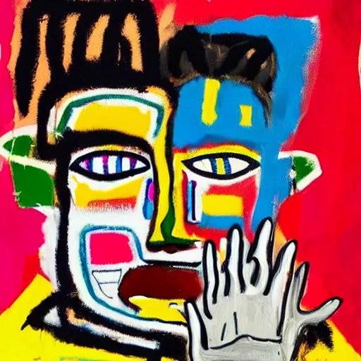 Image similar to basquiat style painting of a girl with hand over face