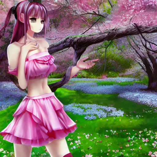 Image similar to 3d rendered anime girl with cherry blossoms as clothing in a flower garden, fantasy art, hyper realistic, detailed, ultra detailed, dynamic lighting, fantasy concept art