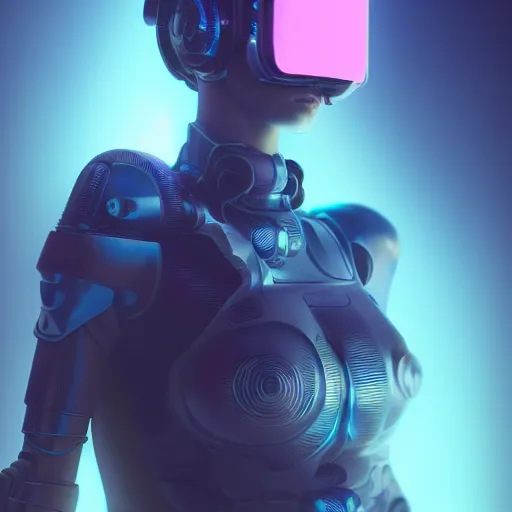 Image similar to cyberpunk concept cool girl cyborg bot, cinema 4 d, galaxy, ufo, space sci - fi, wearing vr goggles, illustration, portrait, pastel neon textured background night, trending on artstation, greg rutkowski, octane rendered, 1 2 k, detailed,