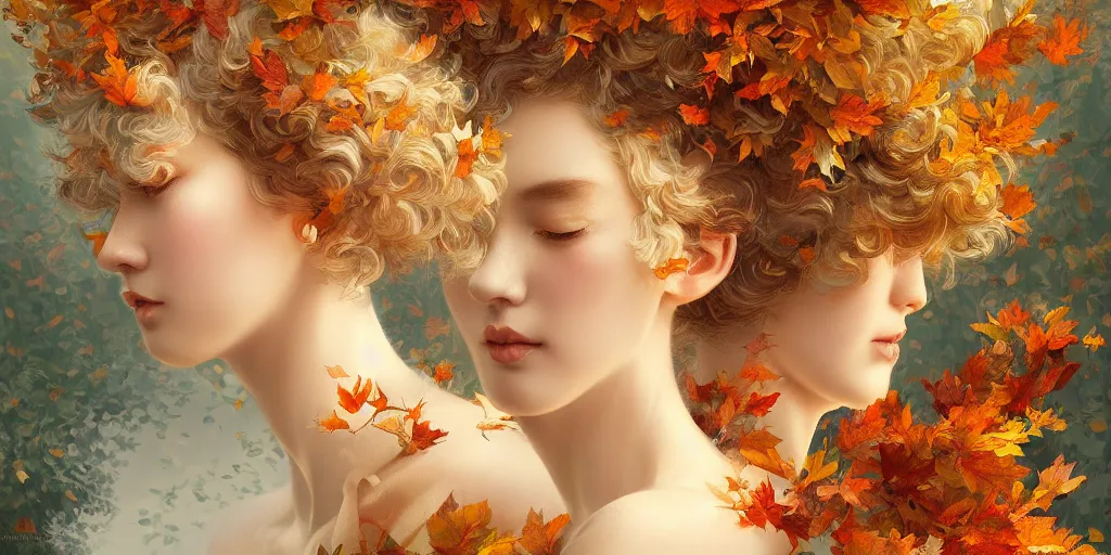 Prompt: breathtaking detailed concept art painting art deco pattern of short hair curly blonde goddesses faces amalgamation autumn leaves, by hsiao - ron cheng and volegov, bizarre compositions, exquisite detail, extremely moody lighting, 8 k