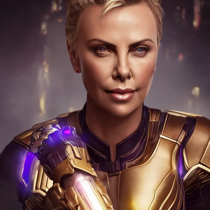 Image similar to portrait of ((Charlize Theron)), wearing The Infinity Gauntlet. SNAP. intricate artwork. octane render, trending on artstation, very coherent symmetrical artwork. thanos. avengers. marvel. cinematic, hyper realism, high detail, octane render, 8k, iridescent accents