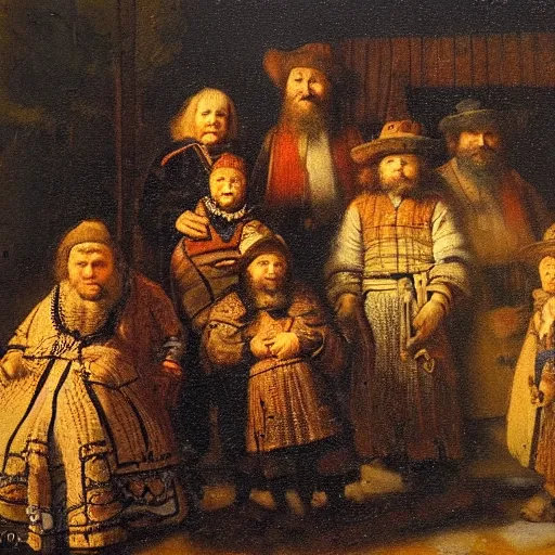 Prompt: a traditional sami family outside their lavvu, painted by Rembrandt, wide shot, detailed