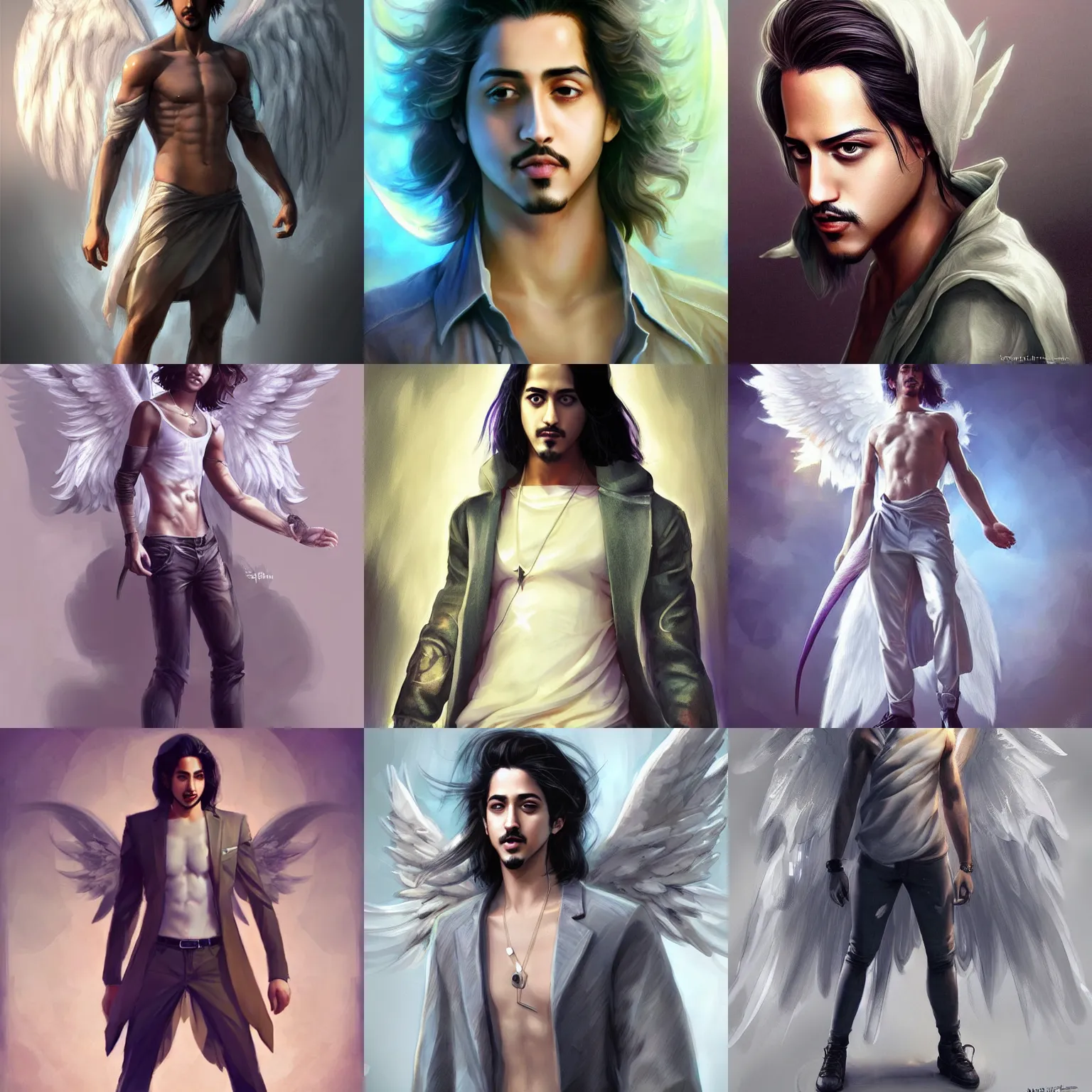 Prompt: distant full body shot, avan jogia as an angel in modern clothes, style digital painting, concept art, smooth, sharp focus, illustration by artgerm, yoshitaka amano, krenz cushart, shinji aramaki