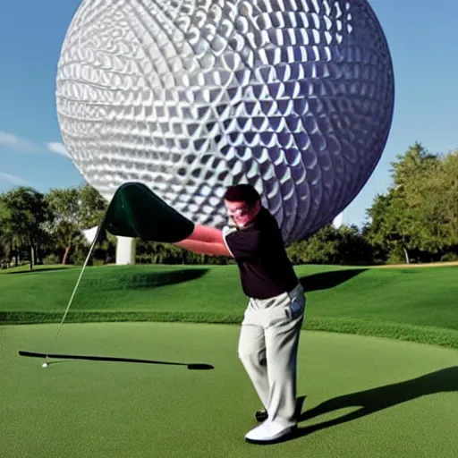 Prompt: a giant playing teeing up a shot in golf using the epcot ball in real life, highly detailed, extremely high resolution, ultra realistic