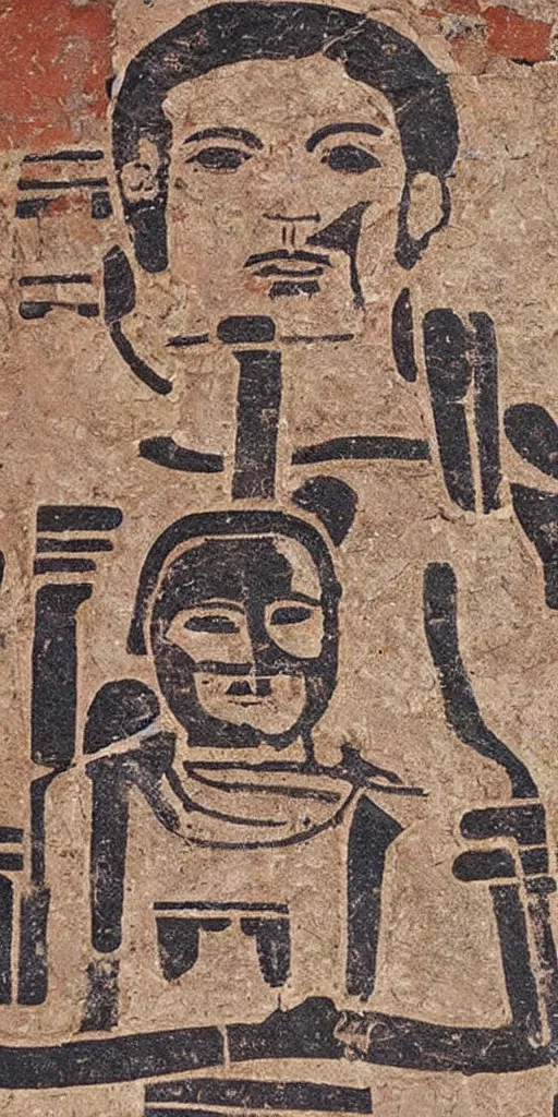 Image similar to sumerian mural of elon musk with ancient car