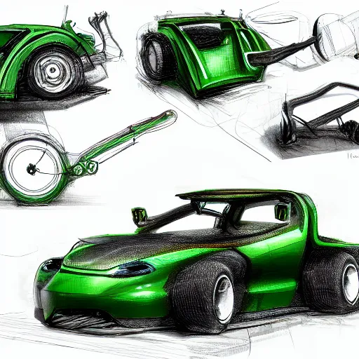 Prompt: hedge cutter, industrial design sketch, digital art, highly detailed, trending on art station, automotive design, 4k, green and black