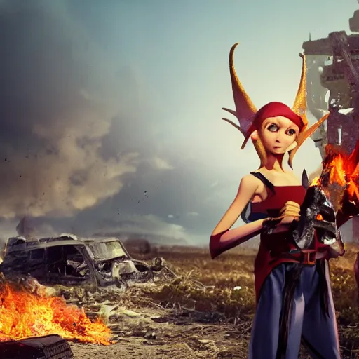 Image similar to a skinny high-fantasy elf with a long narrow face and spiky blonde hair wearing dark brown overalls and holding a bomb next to a destroyed car, high resolution film still, 8k, artstation