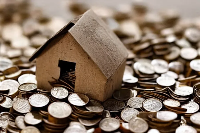 Image similar to a house, under construction, made of money, with piles of coins around it