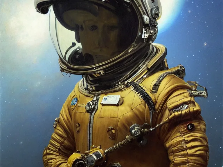 Image similar to a detailed profile oil painting of pilot in a spacesuit with reflective visor, flight suit, portrait symmetrical and science fiction dieselpunk theme with aurora lighting by beksinski carl spitzweg and tuomas korpi. baroque elements, full-length view. baroque element. intricate artwork by caravaggio. Trending on artstation. 8k