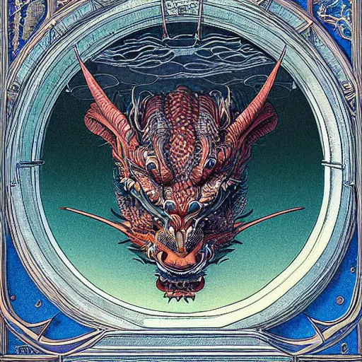 Prompt: highly detailed illustration of an asian dragon's head in a circle by juan gatti by moebius!, by leonardo da vinci, by oliver vernon