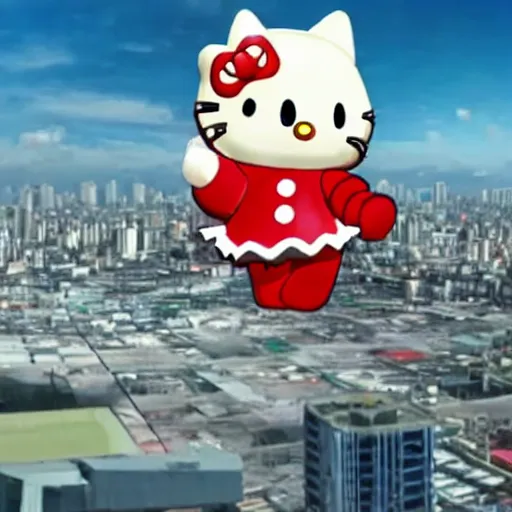 Prompt: Lucifer looking down on the Surabaya city from above when giant hello kitty battle mechas attacking
