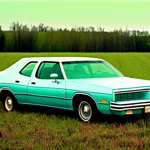 Image similar to A photograph of a beater faded Powder Blue Dodge Aspen (1976) in a farm field, photo taken in 1989