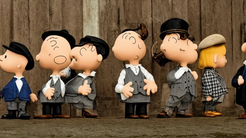 Image similar to peanuts dressed like the peaky blinders