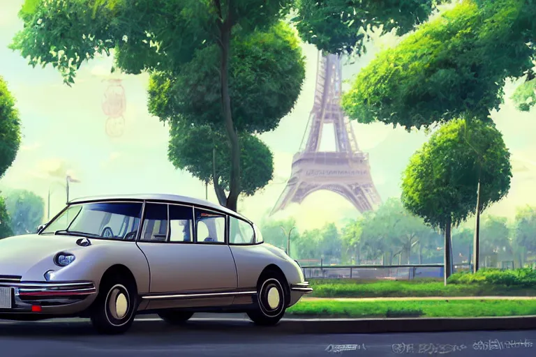 Image similar to a wholesome animation key shot of!! one!! focused! 1 9 7 4 citroen ds! in a tree lined paris street with a view of eiffel tower, medium shot, studio ghibli, ( pixar ) and disney animation, sharp, very detailed, high resolution, rendered in unreal engine 5, anime key art by greg rutkowski, bloom, dramatic lighting
