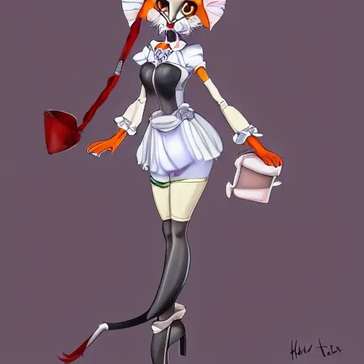 Image similar to a transhuman fox fursona wearing a maid outfit, highly detailed, by don bluth, trending on artstation, furry art