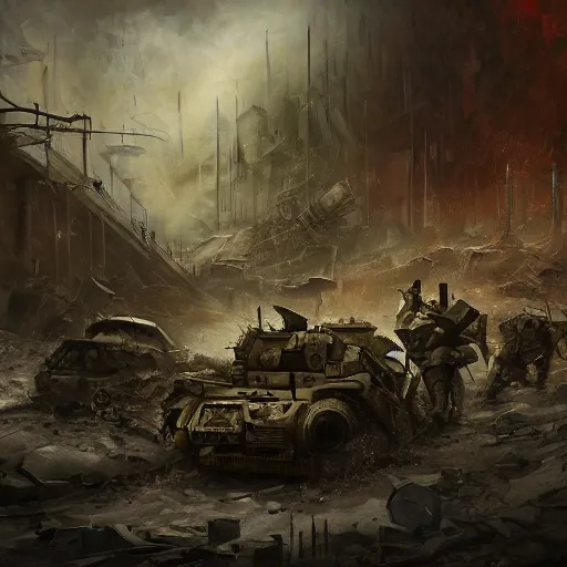 Prompt: an epic painting of the last days of war between Europe and Russia, year 2055, post nuclear war, post-apocalyptic, dramatic, dark, scary, , intricate, elegant, digital painting, concept art, smooth, sharp focus, illustration,