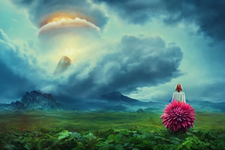 Prompt: giant dahlia flower crown under head, bust girl on mountain, surreal photography, blue storm clouds, dramatic light, impressionist painting, digital painting, artstation, simon stalenhag