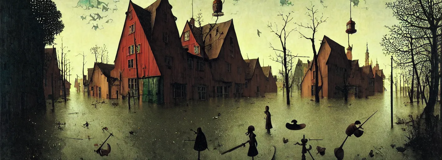 Image similar to flooded old wooden street, very coherent and colorful high contrast masterpiece by norman rockwell franz sedlacek hieronymus bosch dean ellis simon stalenhag rene magritte gediminas pranckevicius, dark shadows, sunny day, hard lighting, reference sheet white background