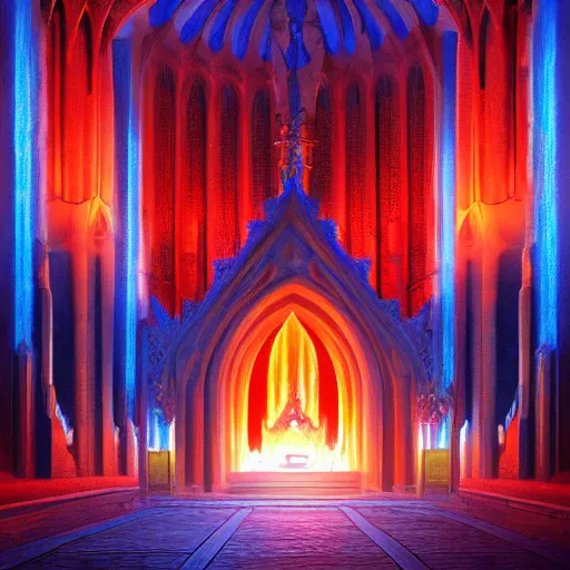 Prompt: A blazing and bright blue flame is worshipped at the center of a gothic temple by hooded cultists dressed in red at night; dark fantasy; trending on artstation