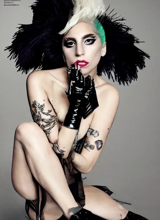 Image similar to lady gaga styled by nick knight posing, full body shot, vogue magazine, canon, highly realistic. high resolution. highly detailed. dramatic. 8 k. 4 k.