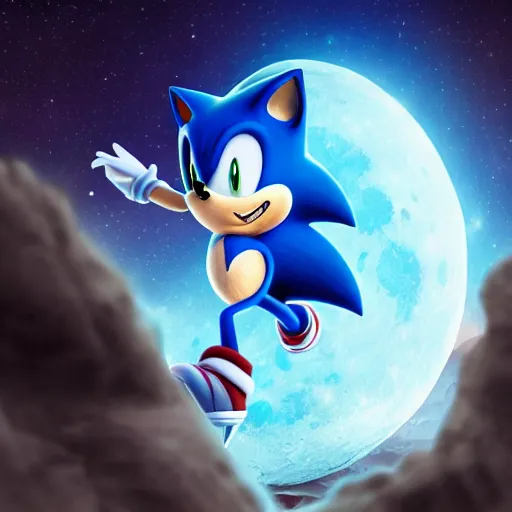 Prompt: Beautiful photo of Sonic the Hedgehog on the Moon, digital art, trending on artstation