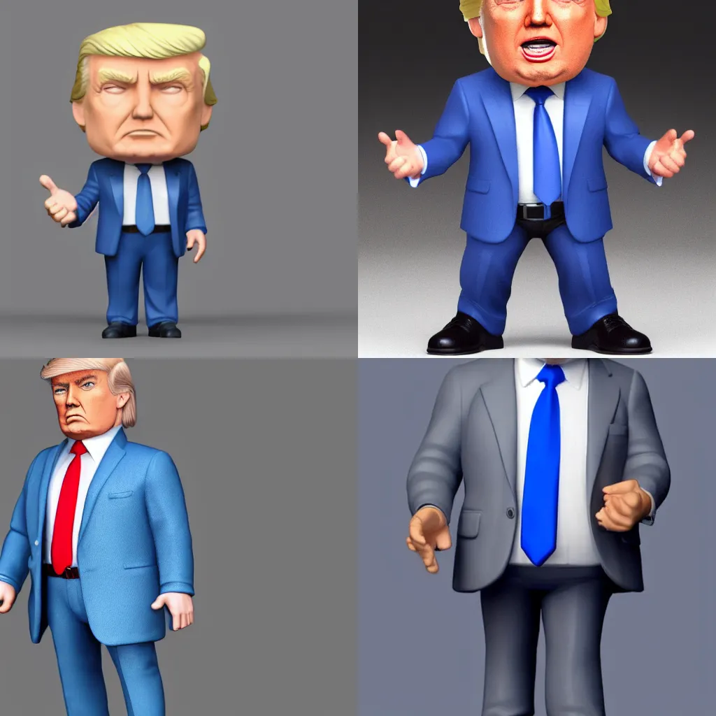 Prompt: full body 3d render of donald trump as a funko pop, studio lighting, grey background, blue suit, blond hair, straight face, single person, no shadow, blender, trending on artstation, 8k, highly detailed