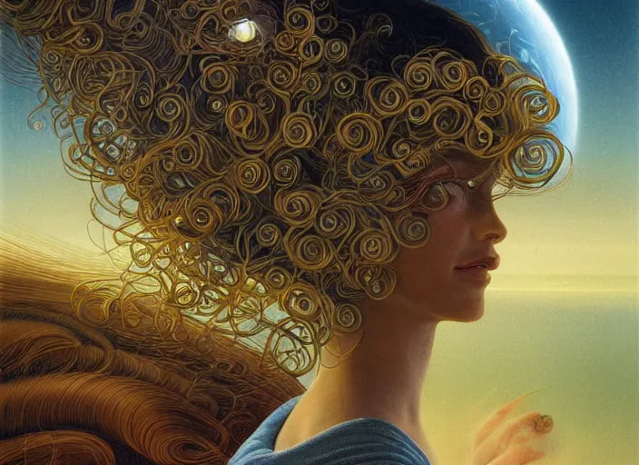 Image similar to portrait of a woman with swirling hair, illustration by James C. Christensen, retrofuturism, reimagined by industrial light and magic