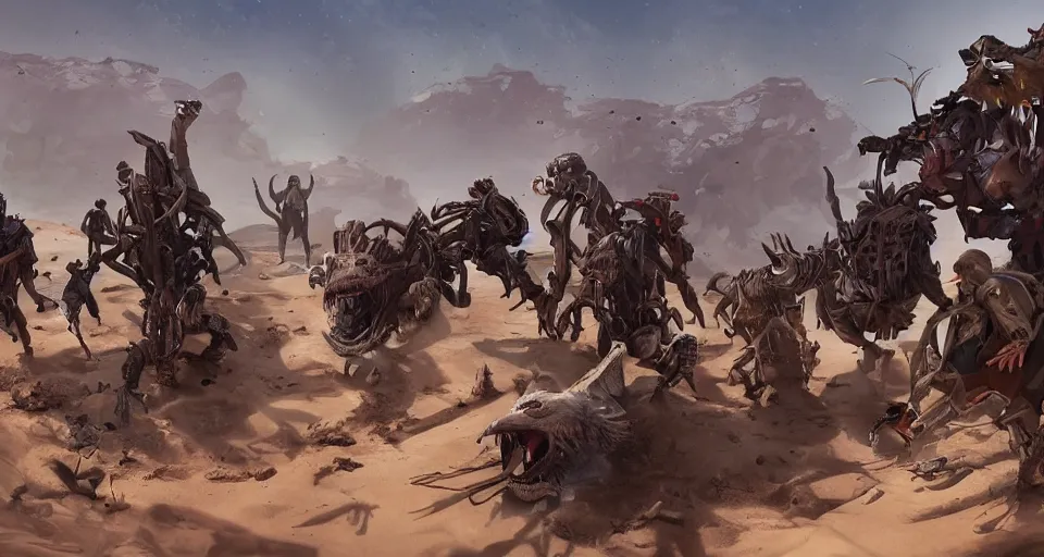 Image similar to scavengers in a desert, artstation