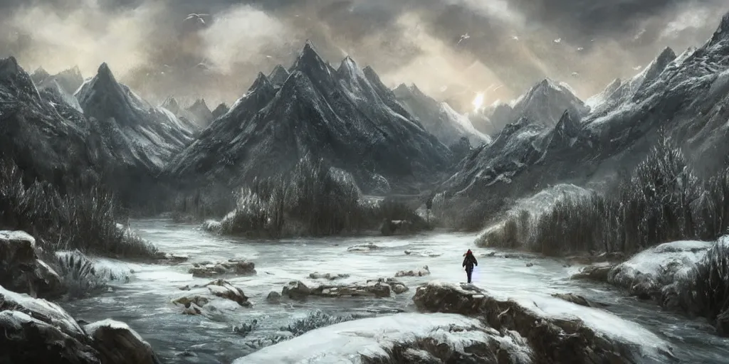 Image similar to A majestic landscape featuring a river, mountains and a forest. A small group of birds is flying in the sky. Harsh winter. very windy. There is a man walking in a deep snow. Cinematic, very beautiful, painting in the style of Lord of the rings