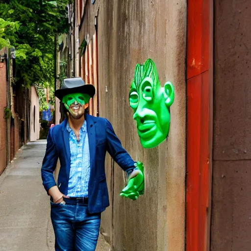 Image similar to Green man with a smug face and a fedora, wearing colorful outfit, uneven arms, in an alleyway, photo