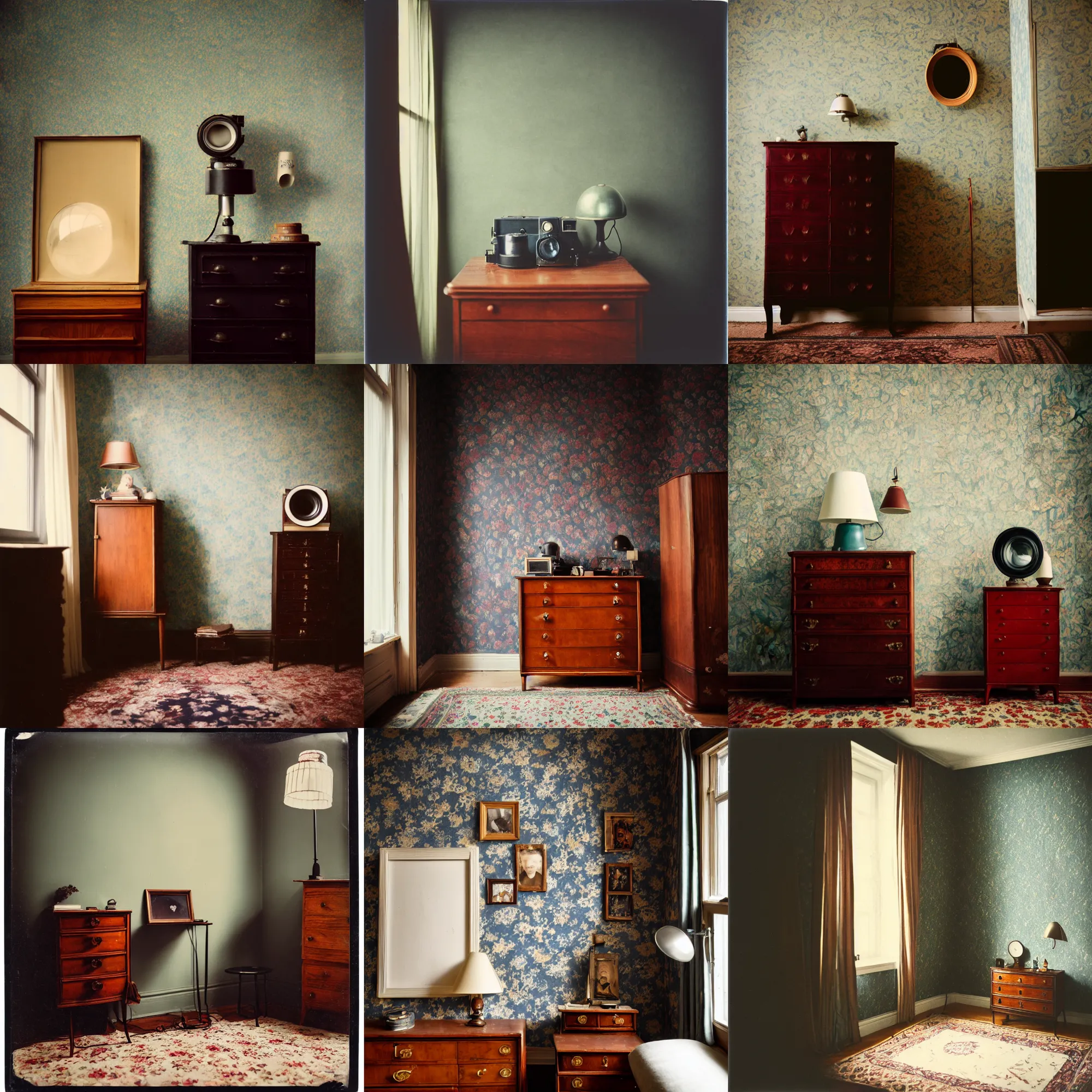 Image similar to kodak portra 4 0 0, wetplate, fisheye, award - winning portrait photo by britt marling, 1 9 2 0 s room, picture frames, 1 9 2 0 s furniture, wallpaper, carpet, shining lamp,, muted colours, blueberry, wood, fog,