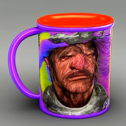 Image similar to a 3 d mug of an ugly mug on a mug, colorful, fantasy,