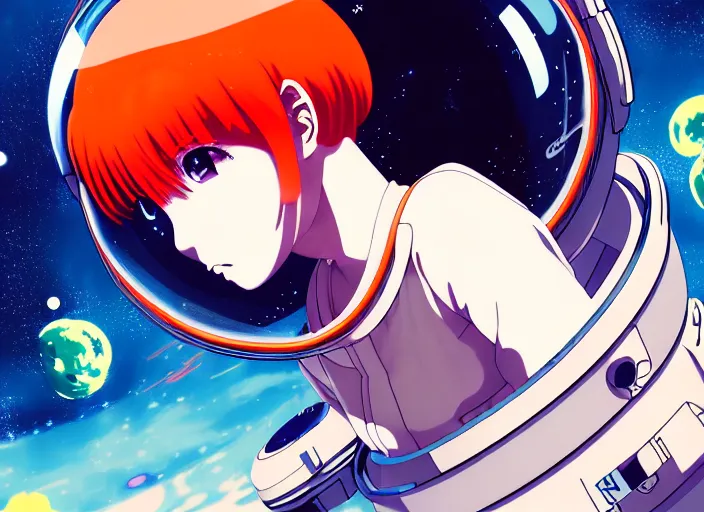 Image similar to anime portrait of a young astronaut girl floating inside a spacestation with no helmet, Karolis Strautniekas,omoide emanon, tsuruta kenji, murata range,kawaii, kyoto animation, manga, intricate, detailed, studio lighting, orange red black white, gradation,editorial illustration, matte print, Ilya Kuvshinov