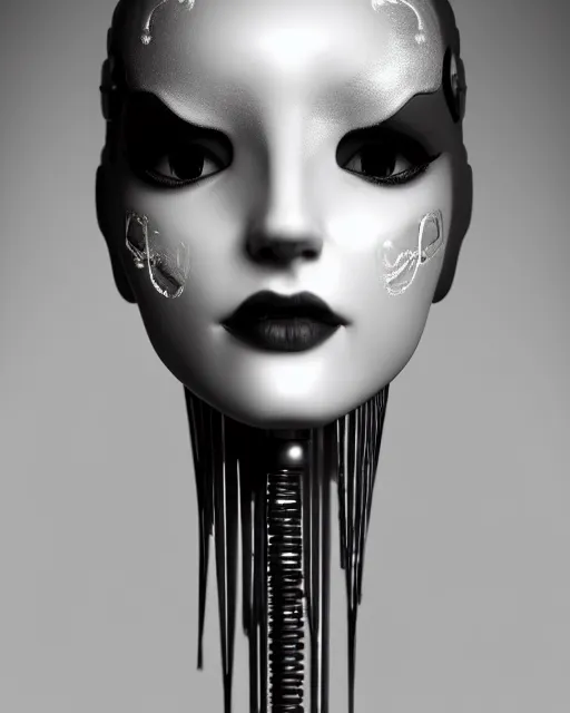 Image similar to black and white dreamy foggy smoky profile face portrait, one silver steampunk realistic eye biomechanical beautiful young female cyclope - cyborg - robot bust, body ribs meshes,, volumetric light, hibiscus flowers, by man ray, rim light, big gothic fashion pearl embroidered collar, 8 k