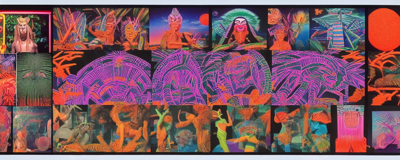 Image similar to 1978 cut out collage, theater stage, neon aztec, dusk on Jupiter, epic kabuki, tropical fish, ancient plants, film noir, in part by Alex Grey, part by Hale Woodruff