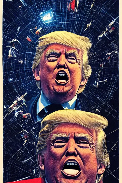 Image similar to donald trump consumes the world, disgusting, horror, high details, intricate details, by vincent di fate, artgerm julie bell beeple, 90s, inking, vintage 90s print, screen print