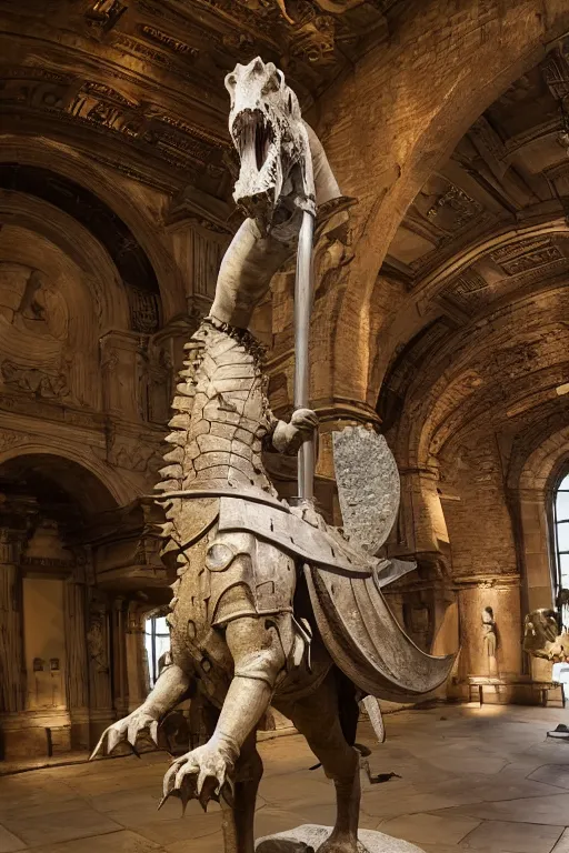 Image similar to medieval english, photo of stone statue, of a night in armor riding a dinosaur, romanesque style, in a large museum room