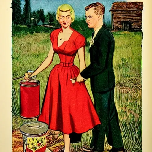 Image similar to “stunning, highly detailed portrait, very detailed, couple, from behind, blonde, remote village, from side, holding tin can, color vintage magazine illustration 1950”