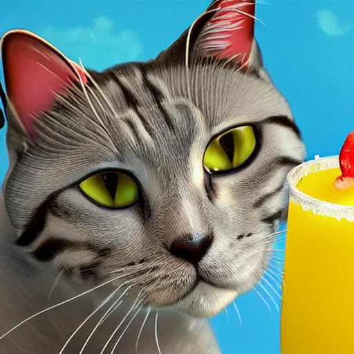 Prompt: a cat in a beach drinking piña colada, photorealistic