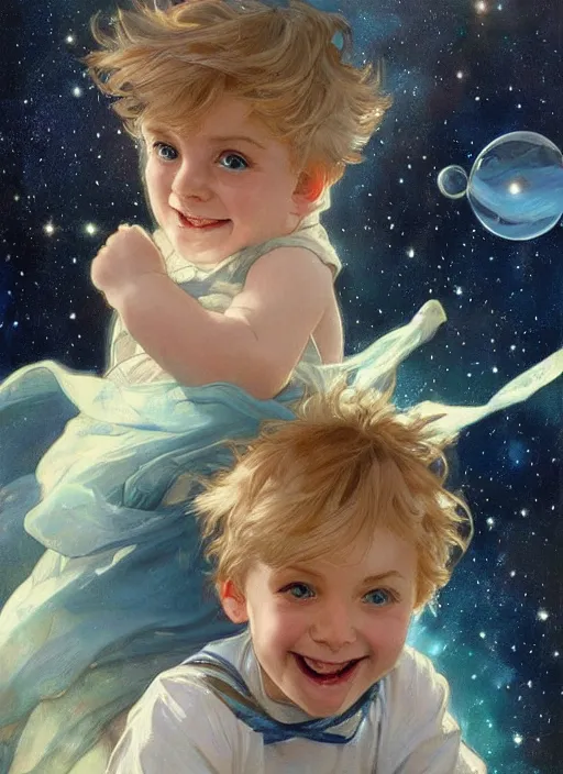 Image similar to a cute little boy with a mischievous face, blue eyes, and tousled blonde hair smiles as he floats in space with stars all around him. he is wearing a turquoise outfit. beautiful painting by artgerm and greg rutkowski and alphonse mucha