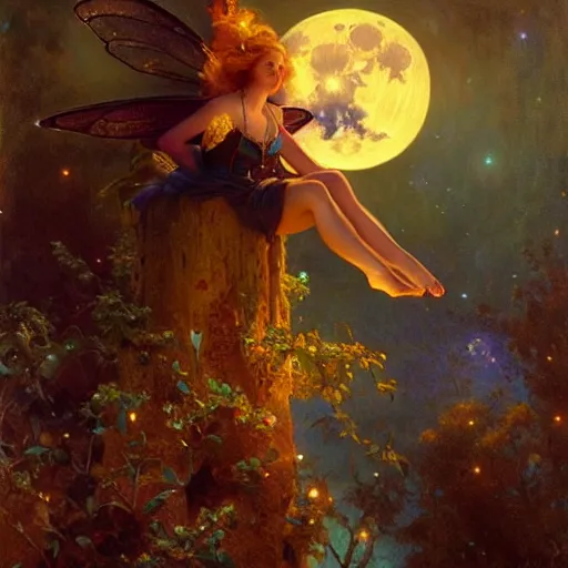 Image similar to attractive fairy magically floating high in the night, fantasy, full moon in background. highly detailed painting by gaston bussiere, craig mullins, j. c. leyendecker, sharp focus, 8 k