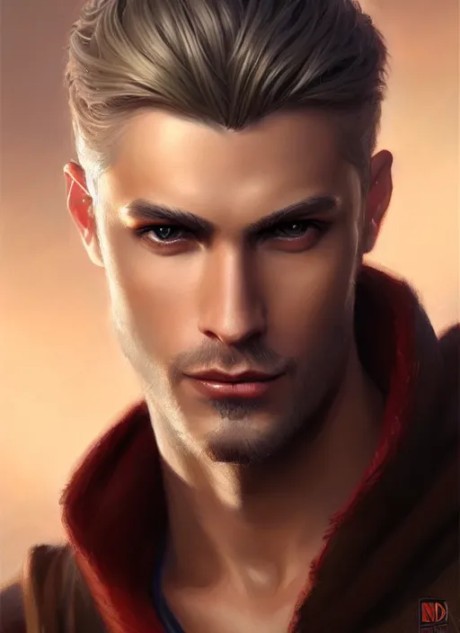 Image similar to a _ fantasy _ style _ portrait _ painting _ of male, medium dark blonde hair side part and blonde stubble, rpg dnd oil _ painting _ unreal _ 5 _ daz. _ rpg _ portrait _ extremely _ detailed _ artgerm _ greg _ rutkowski _ greg