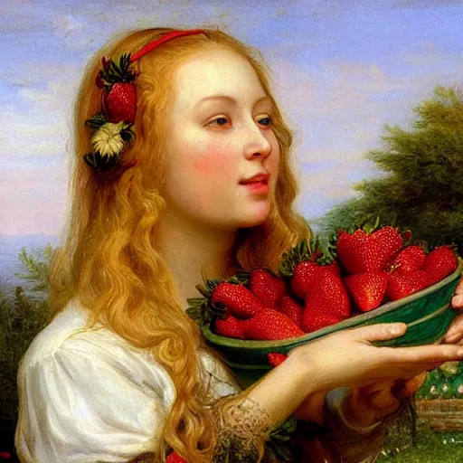 Image similar to A beautiful Blonde Woman with Locks selling strawberries in the style of Sophie Anderson, Portrait