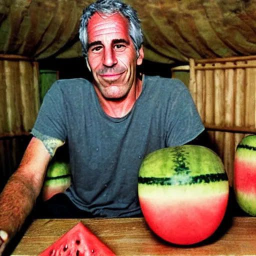 Image similar to a photo of jeffrey epstein sitting in a hut in hawaii with various square watermelons everywhere in the room, portra 4 0 0